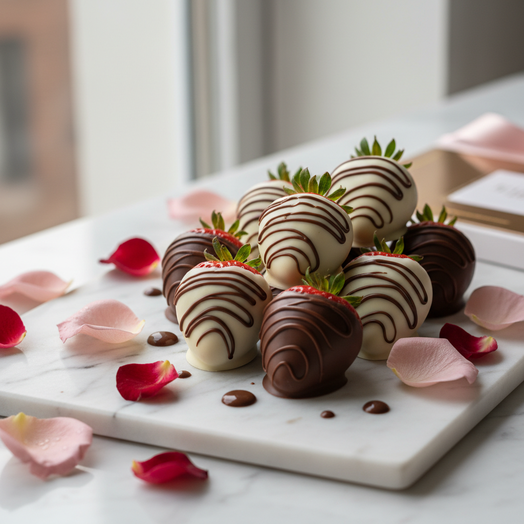 Fresh strawberries dipped in dark and white chocolate, elegantly presented